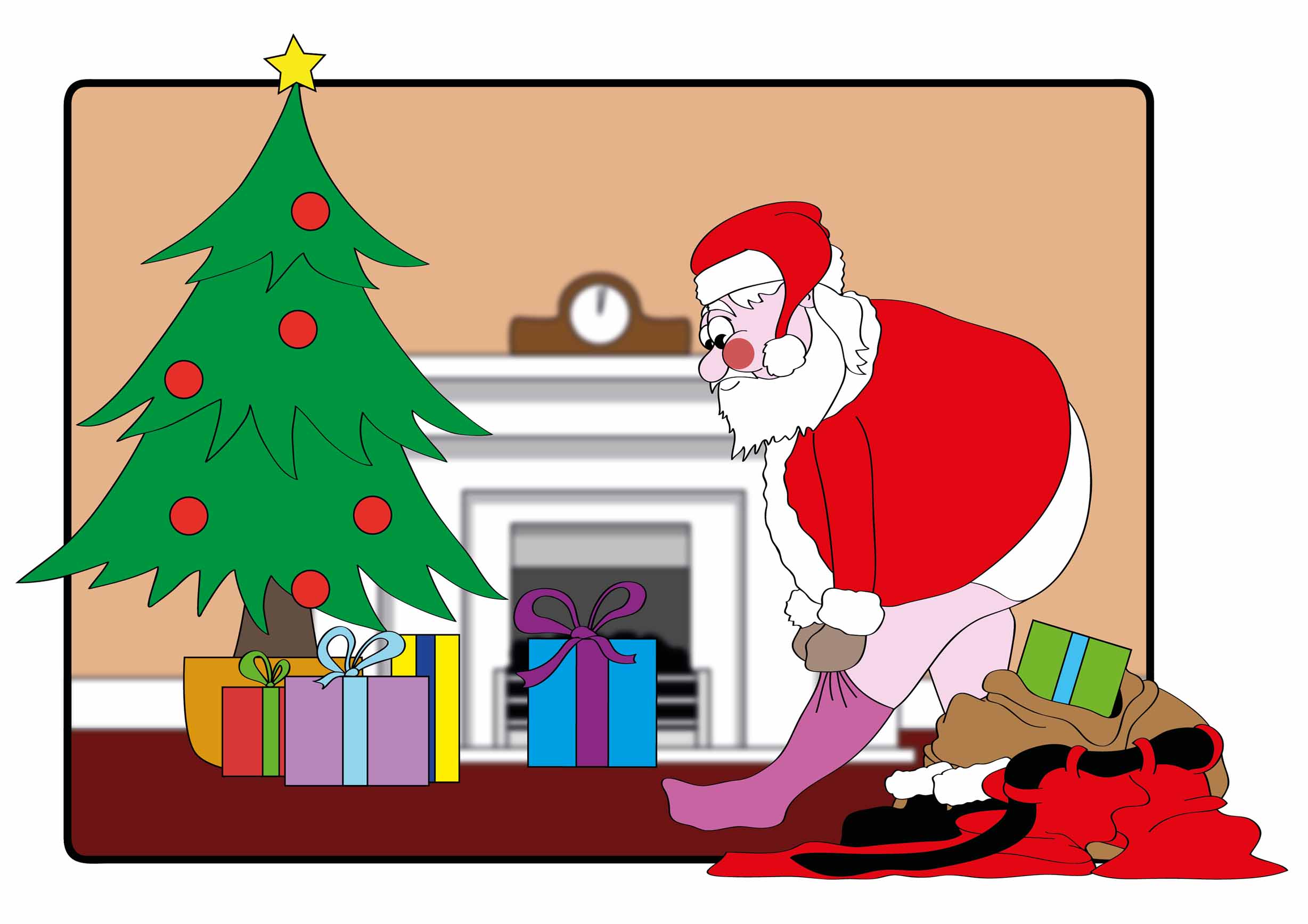 Santa has removed his boots and trousers and begins to pull on the pink stockings