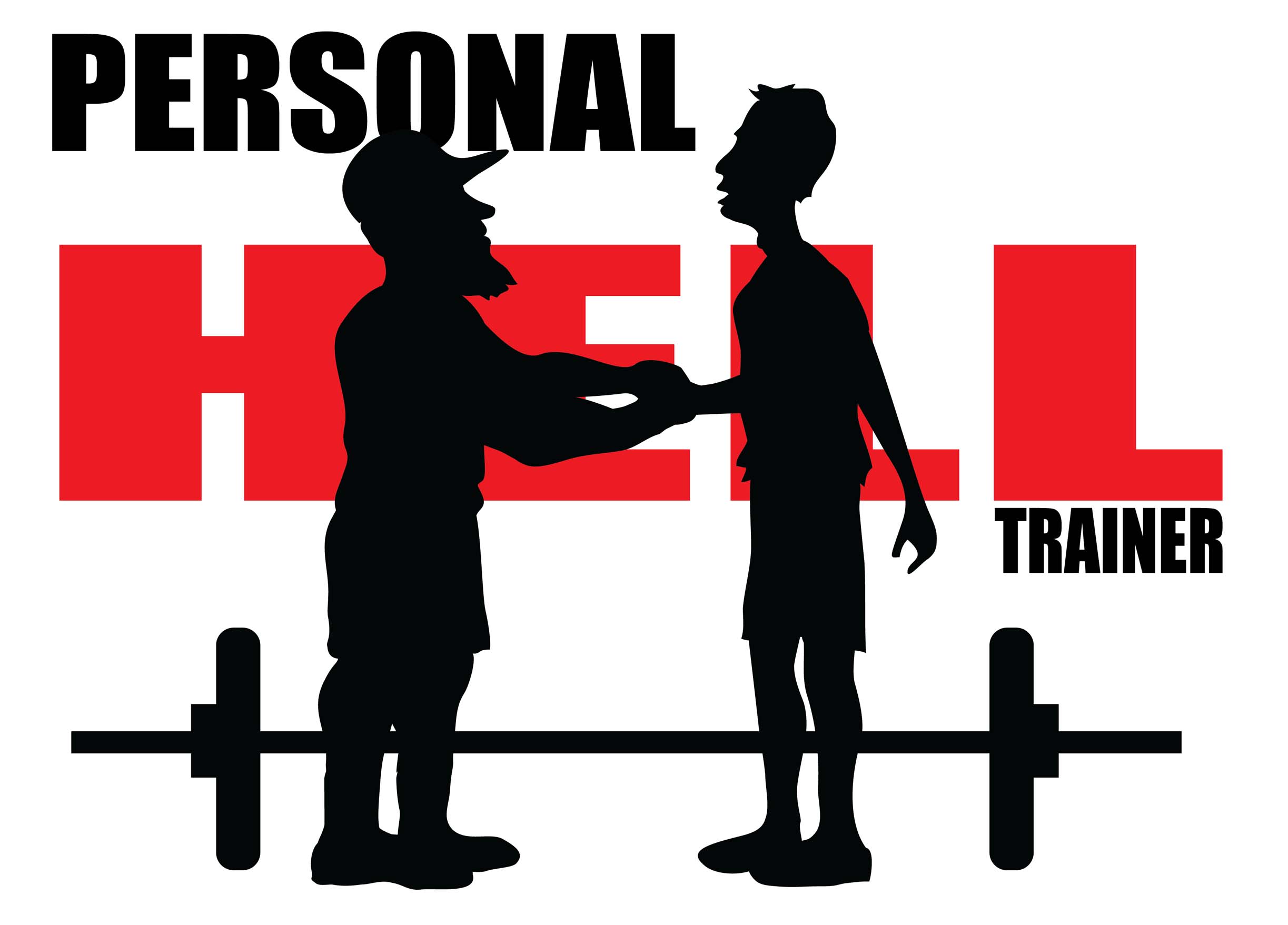 A silhouette of a male personal trainer shaking hands with a new client. A barbell is on the ground behind them.