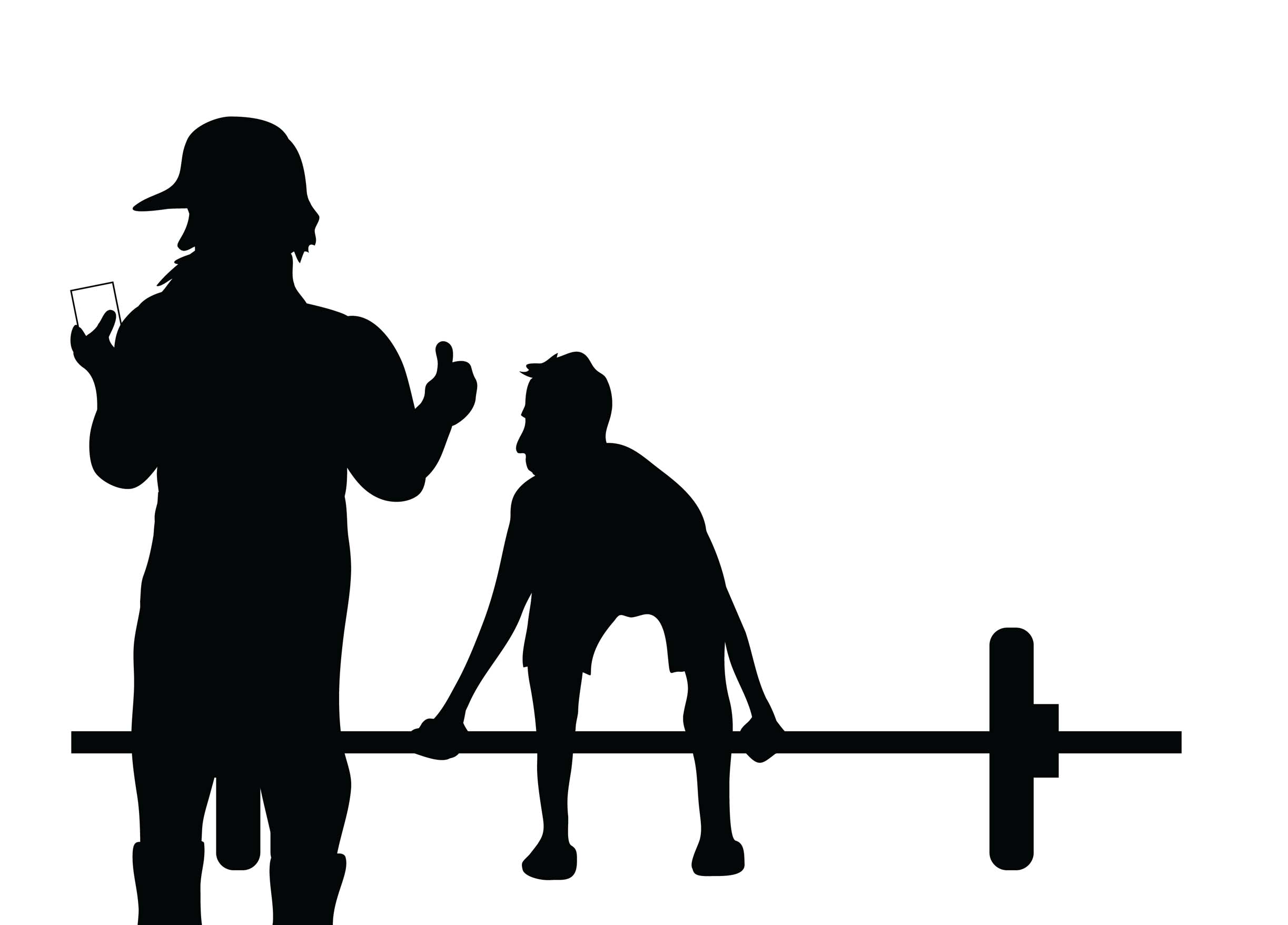 The personal trainer gives his client a thumbs up gesture as he attempts to lift the barbell. The personal trainer is looking at his phone instead of his client.