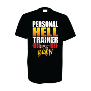 Text reads: 'personal hell trainer: feel the burn'. The word 'hell' is flame-coloured with a barbell icon beneath the word 'trainer'