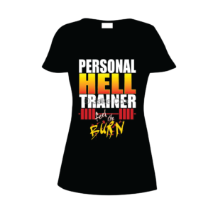 Text reads: 'personal hell trainer: feel the burn'. The word 'hell' is flame-coloured with a barbell icon beneath the word 'trainer'