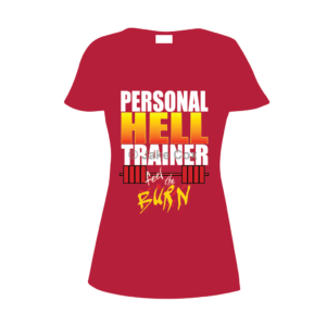 Text reads: 'personal hell trainer: feel the burn'. The word 'hell' is flame-coloured with a barbell icon beneath the word 'trainer'