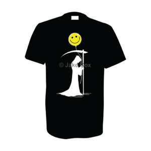 A silhouette of the grim reaper holding a scythe in one hand and a smiley face balloon in the other