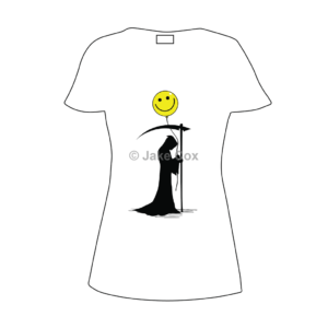 A silhouette of the grim reaper holding a scythe in one hand and a smiley face balloon in the other