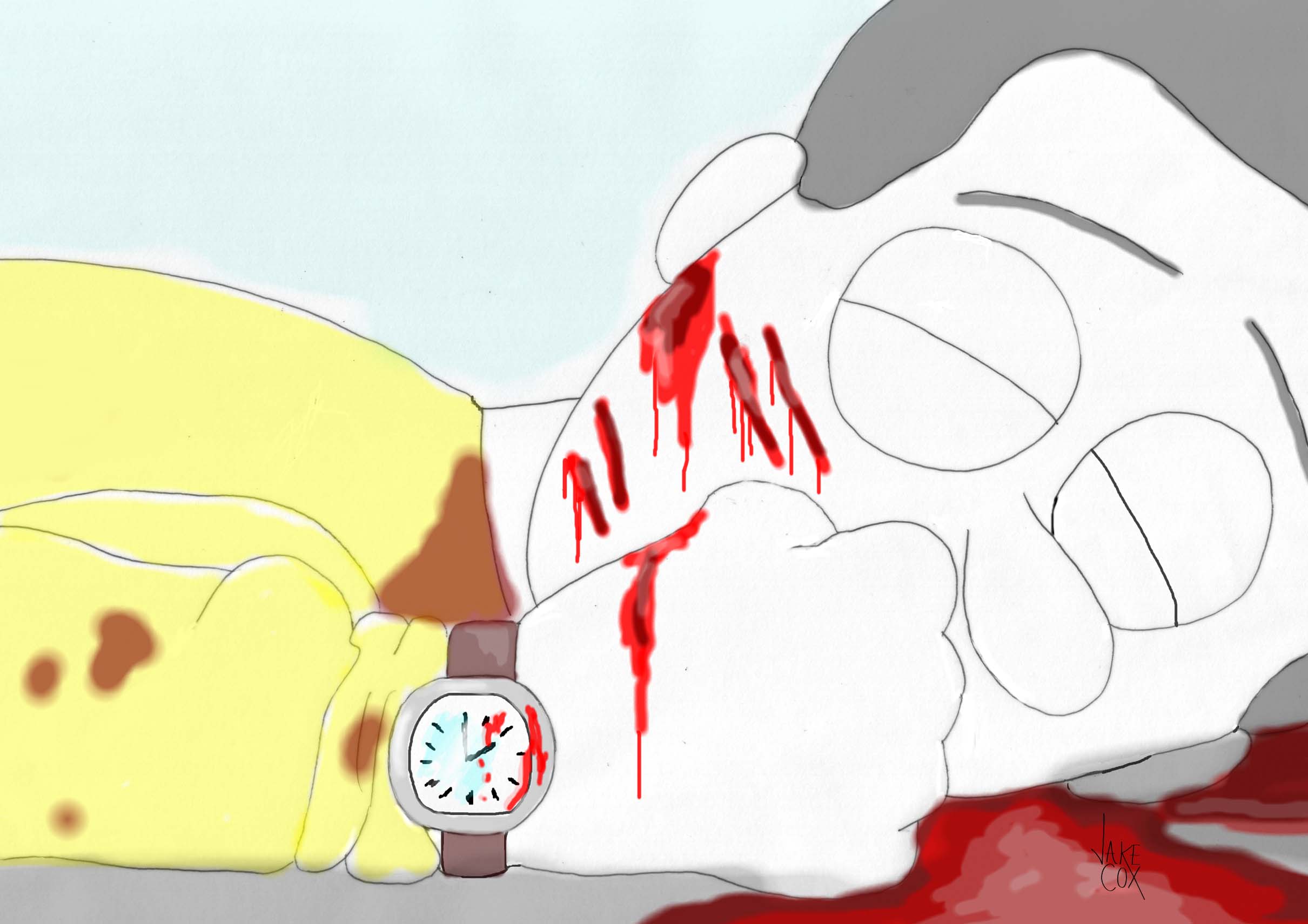 A dead teacher lies covered in blood as a wristwatch is visible