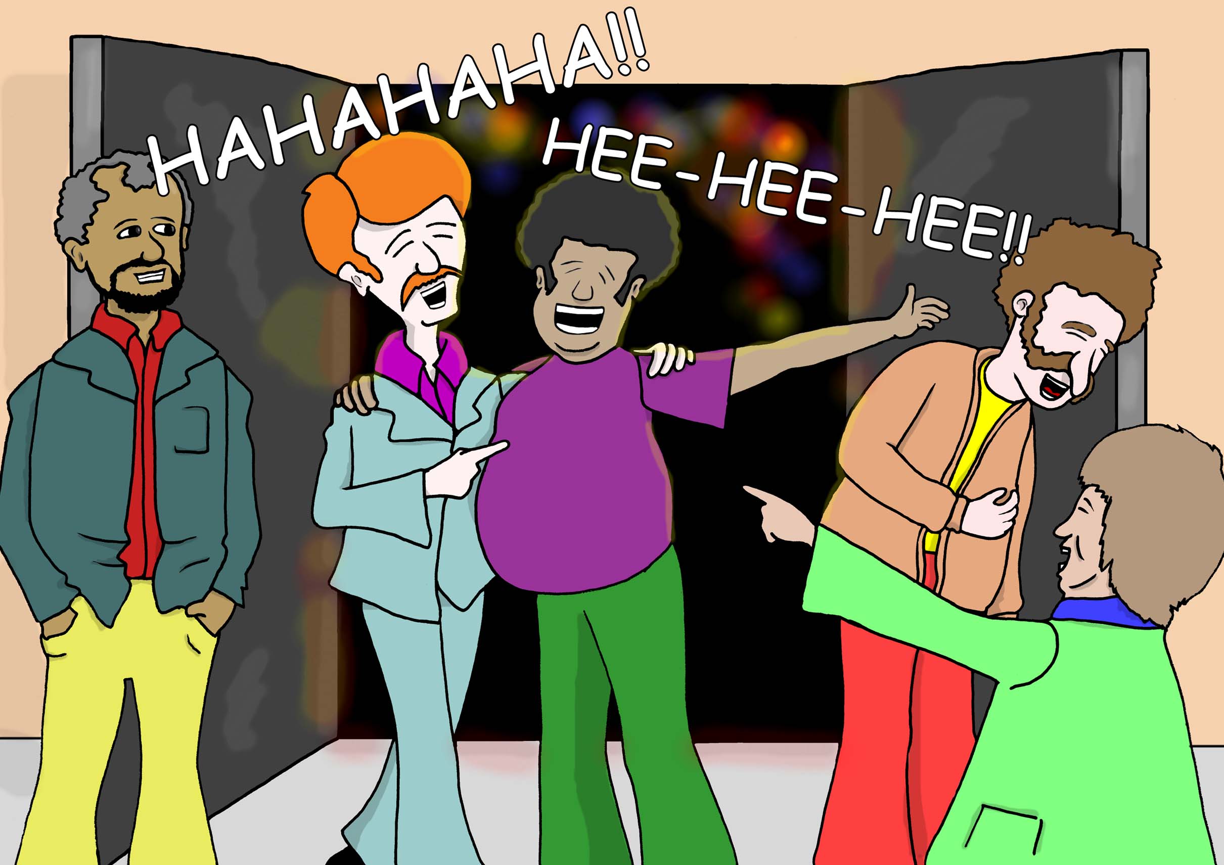 Five male friends emerge from a nightclub laughing and joking together.