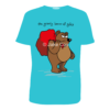 A rather grumpy-looking grizzly bear holds a sack of presents
