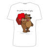 A rather grumpy-looking grizzly bear holds a sack of presents