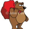 A rather grumpy-looking grizzly bear holds a sack of presents