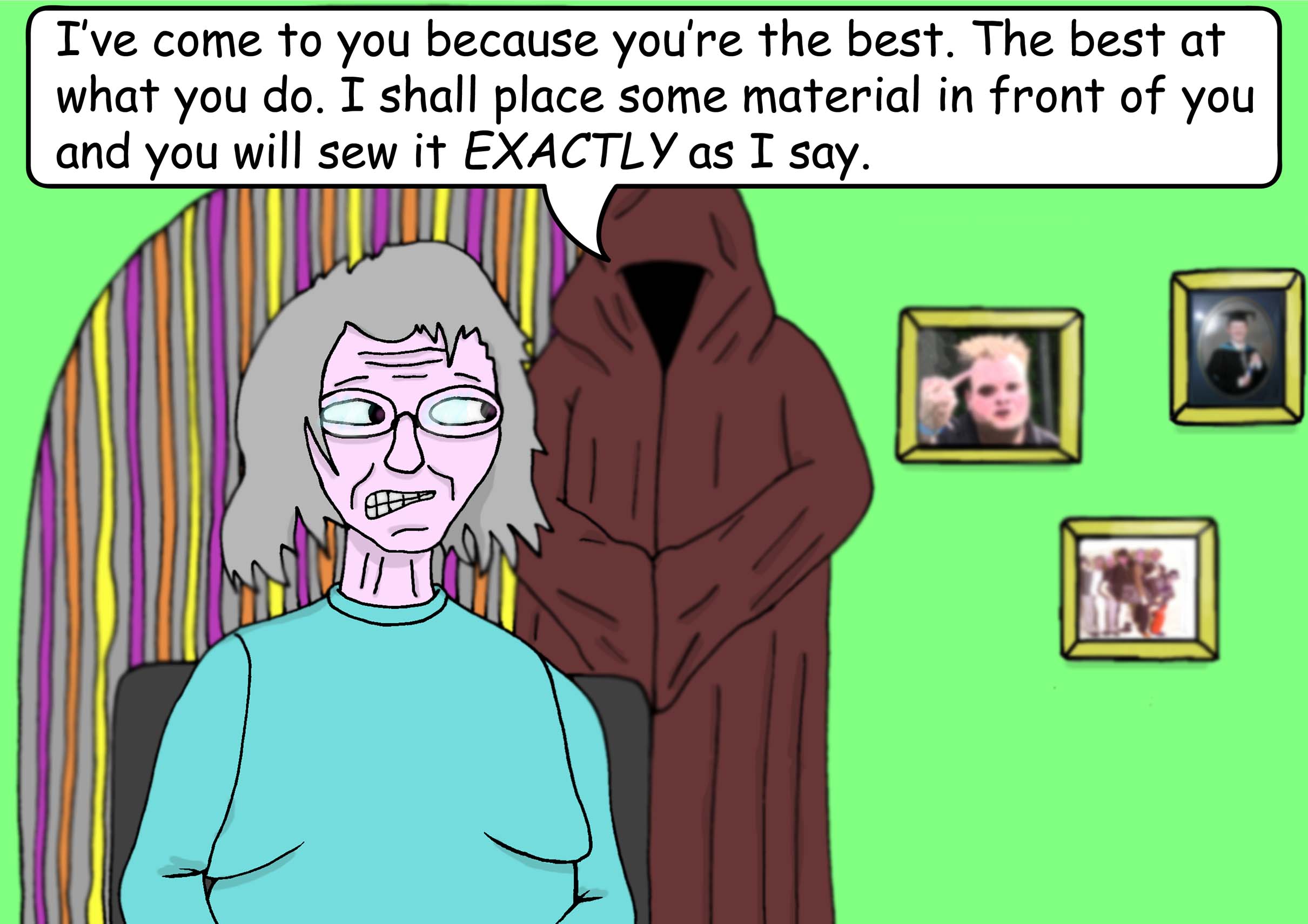 The hooded figure has suddenly appeared behind the little old lady