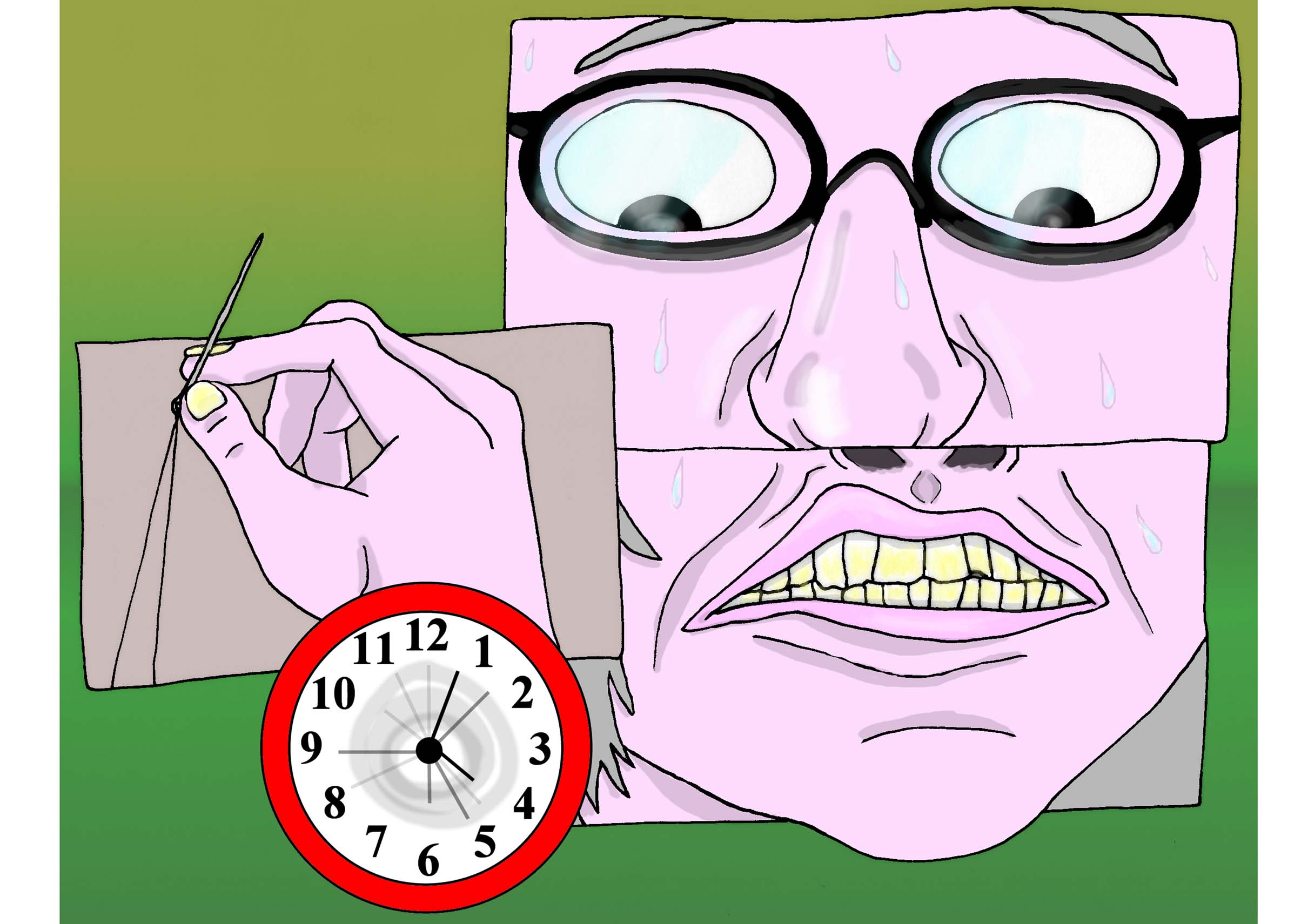 A montage of pictures shows the little old lady frantically sewing as beads of sweat run down her face, her teeth clenched as the clock hands spin