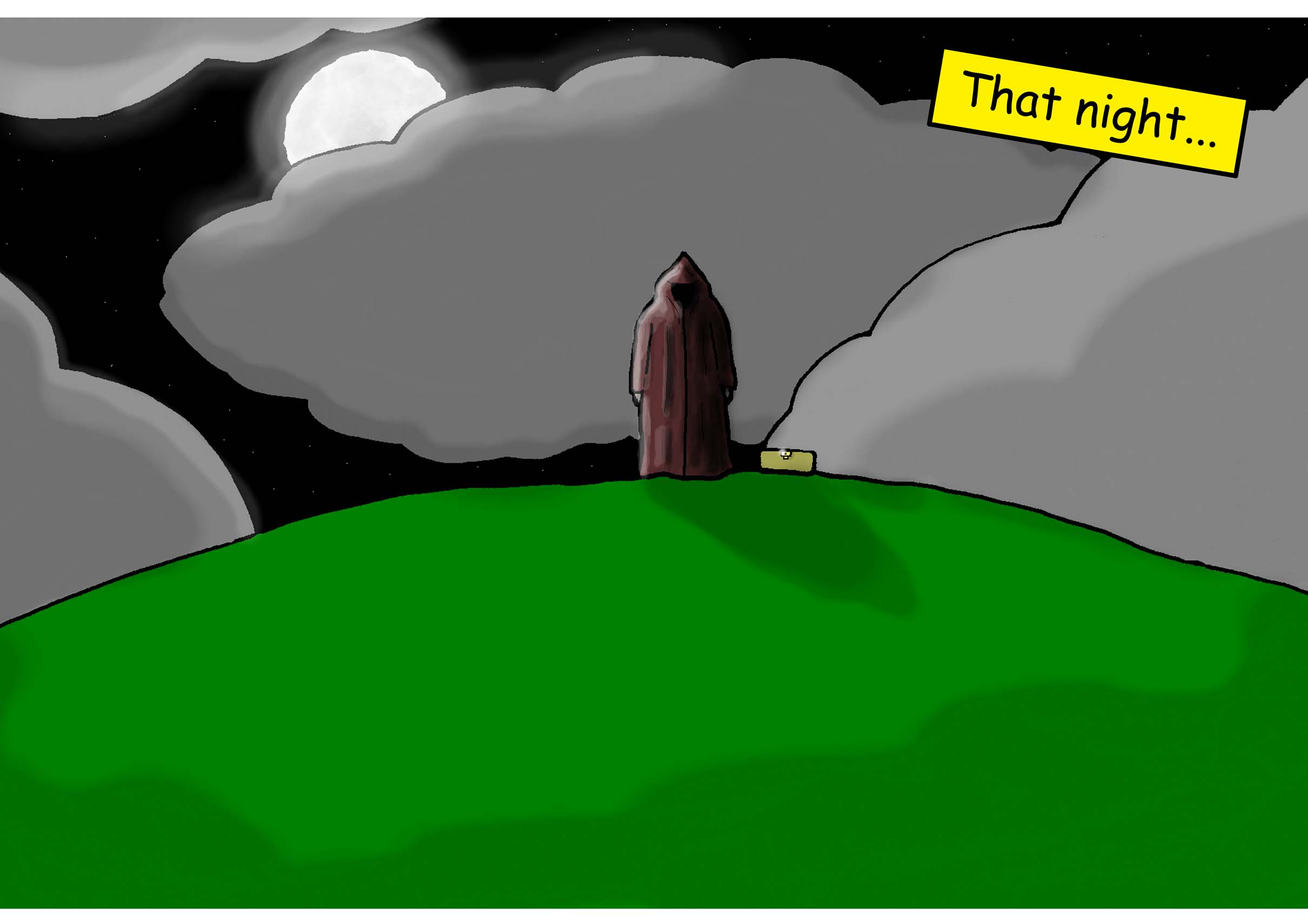 'That night' the hooded figure is stood atop a mountain under a moonlit sky, the box on the ground beside them