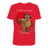 A rather grumpy-looking grizzly bear holds a sack of presents