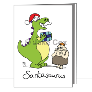 A cartoon dinosaur with a white moustache and wearing a Santa hat holds a gift for a very happy little caveman