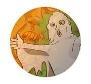 A zombie eating a pumpkin and a man with a sheet over his head pretending to be a ghost