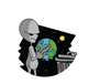 A grey alien stands holding the Earth in its hand