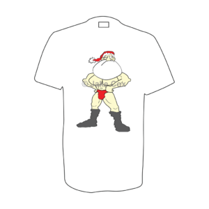 A muscular Santa wearing only his hat, red trunks and black boots stands with his hands on his hips looking very brave and superhero-like