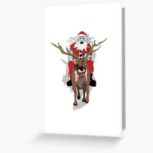 A ghoulish Santa rides a zombie reindeer.