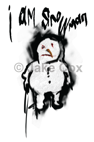 A creepy snowman with bloody eyes and mouth in the style of a drippy oil painting with charcoal added