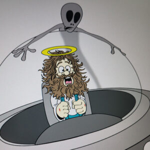 Jesus in a state of panic is behind the controls of a flying saucer