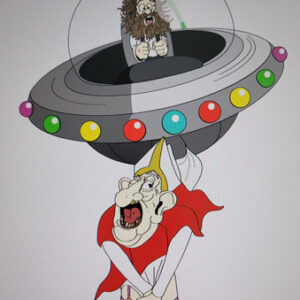 Jesus in a state of panic is behind the controls of a flying saucer