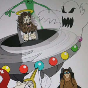 An angry ghost swirls around the flying saucer as Jesus looks scared