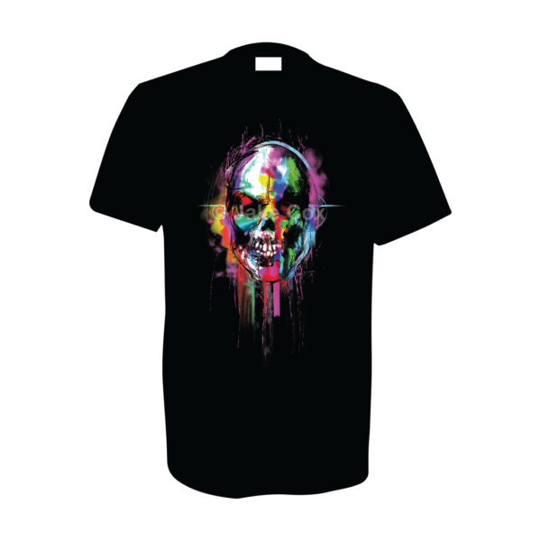 A multi-coloured spray and graffiti effect skull