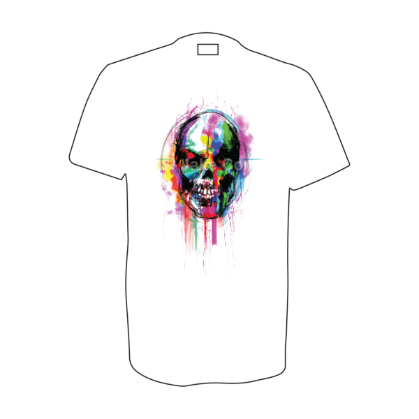 A multi-coloured spray and graffiti effect skull