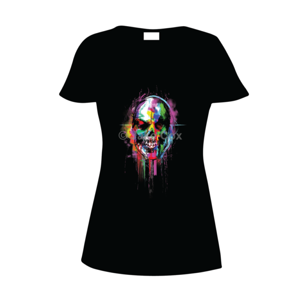 A multi-coloured spray and graffiti effect skull