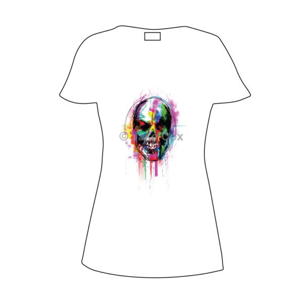 A multi-coloured spray and graffiti effect skull