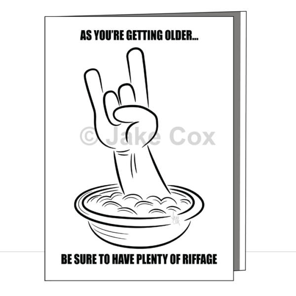 Text reads 'as you're getting older be sure to have plenty of riffage' accompanied by an image of a bowl of cereal with a hand emerging giving the 'devil horns' hand gesture