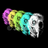 A series of differently-coloured images of a plague doctor smiling from beneath a torn mask