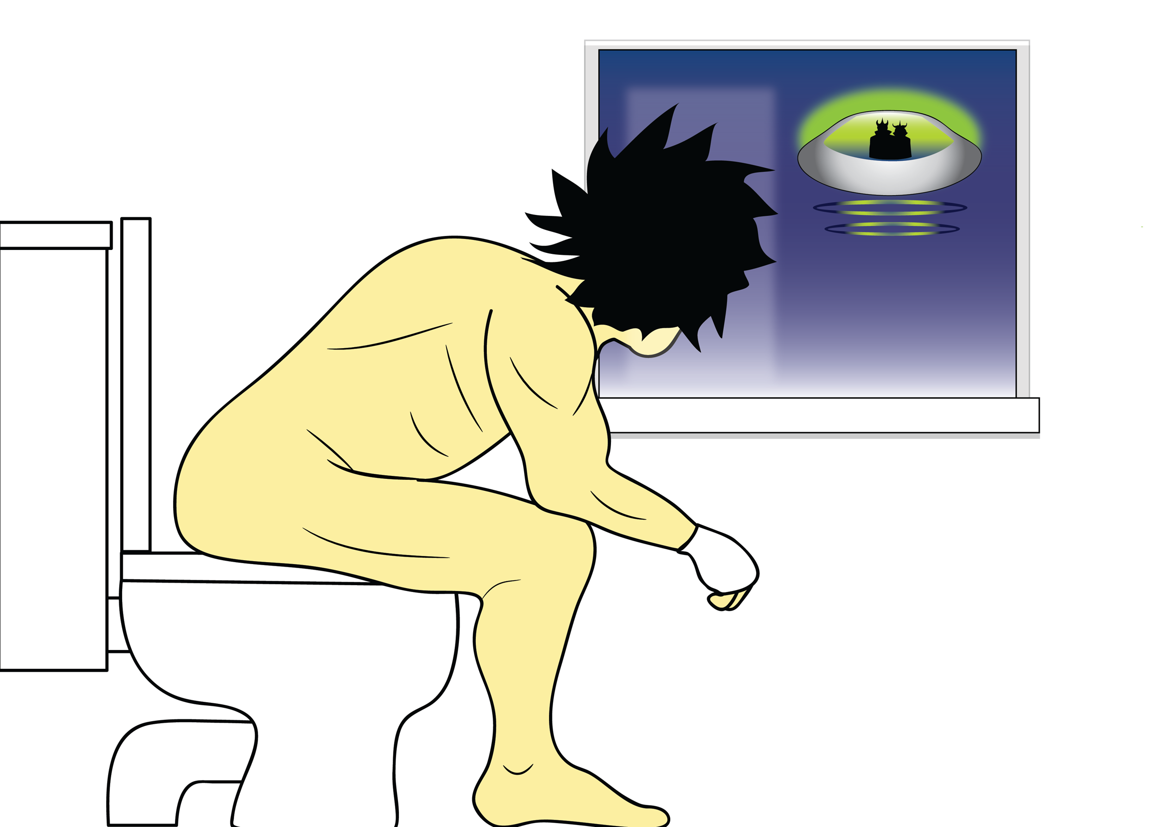 The man is sat on the toilet looking out through the bathroom window where an alien spaceship hovers in the night sky