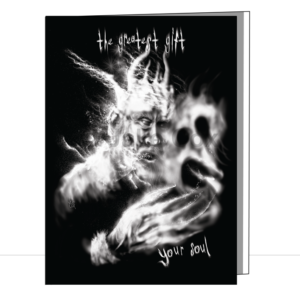 A 'black metal' album cover-style portrayal of a horned Santa with long pointy fingers holding a screaming ghostly face