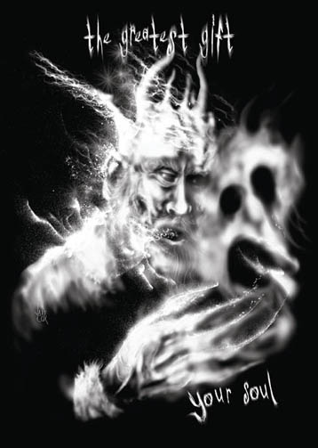 A 'black metal' album cover-style portrayal of a horned Santa with long pointy fingers holding a screaming ghostly face