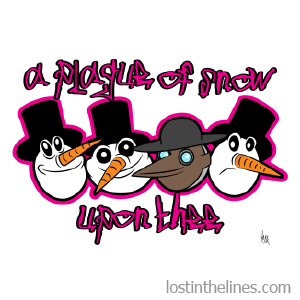 Four cartoon heads alongside each other. Three are snowmen and one is a plague doctor