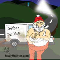 A grubby-looking Santa in a bobble hat, white vest and jogging bottoms which he's reaching his hands into