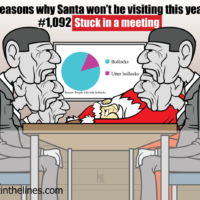 Santa has his head down on the table in front of him as he's flanked by several identical, grey-skinned boring businessmen