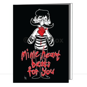 A sinister-looking mime forms a heart shape with his hands whilst also holding a real heart that is dripping with blood