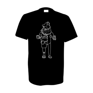A cartoon silhouette of a man holding a pint of beer in each hand