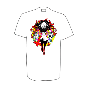A man with earlobe stretchers skips happily along to a backdrop of swirling colours and upside down crucifixes