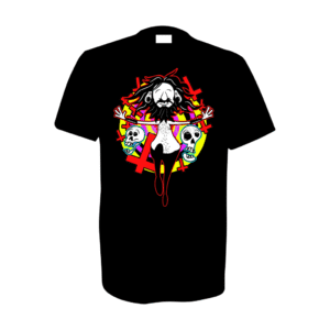 A man with earlobe stretchers skips happily along to a backdrop of swirling colours and upside down crucifixes