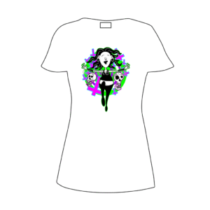 A lady with earlobe stretchers and a nose ring skips happily along to a backdrop of swirling colours and upside down crucifixes
