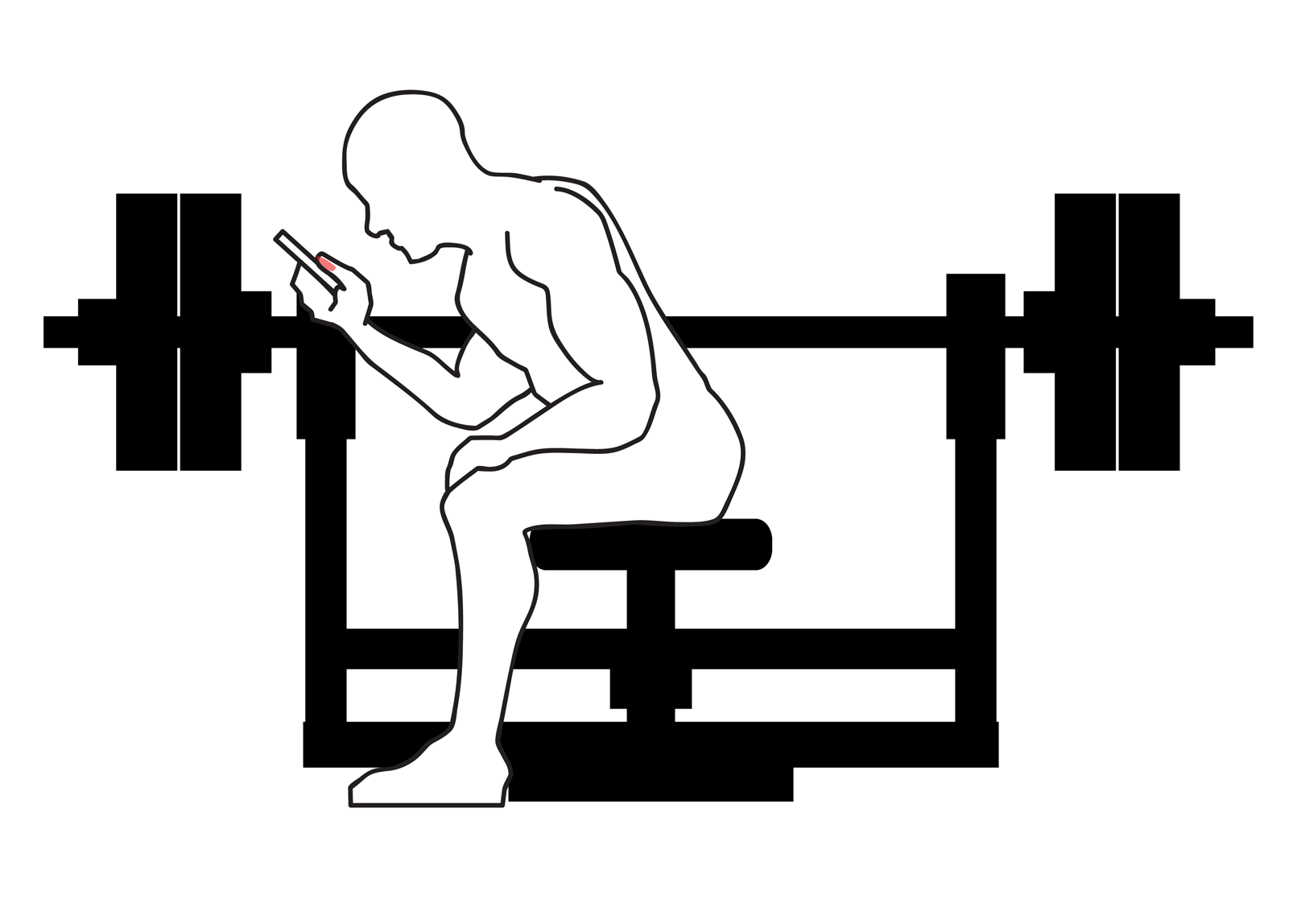 The man sits up after performing a bench press and is now looking at his phone