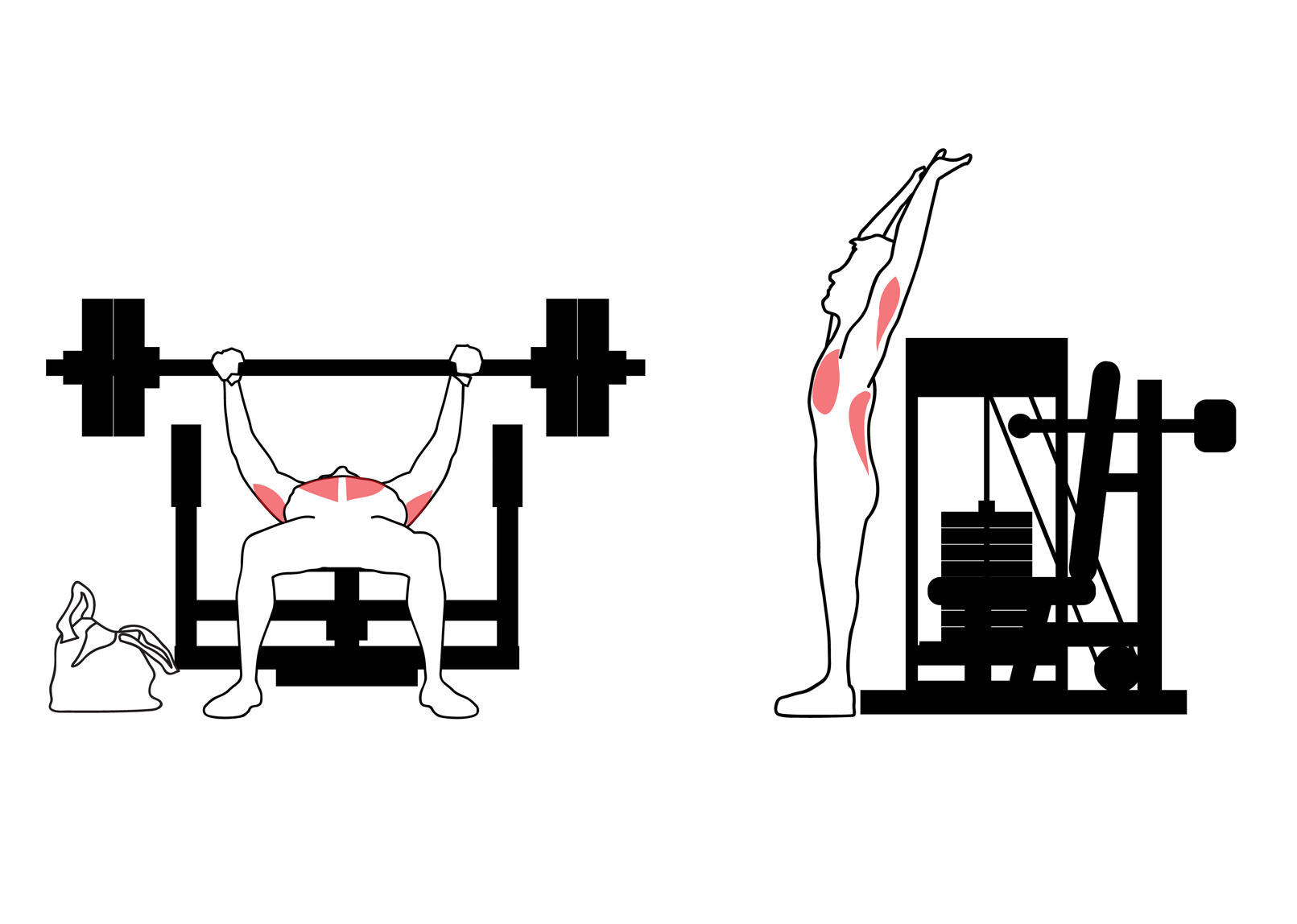 The man stand up from the seated shoulder press machine and stretches his hands above his head