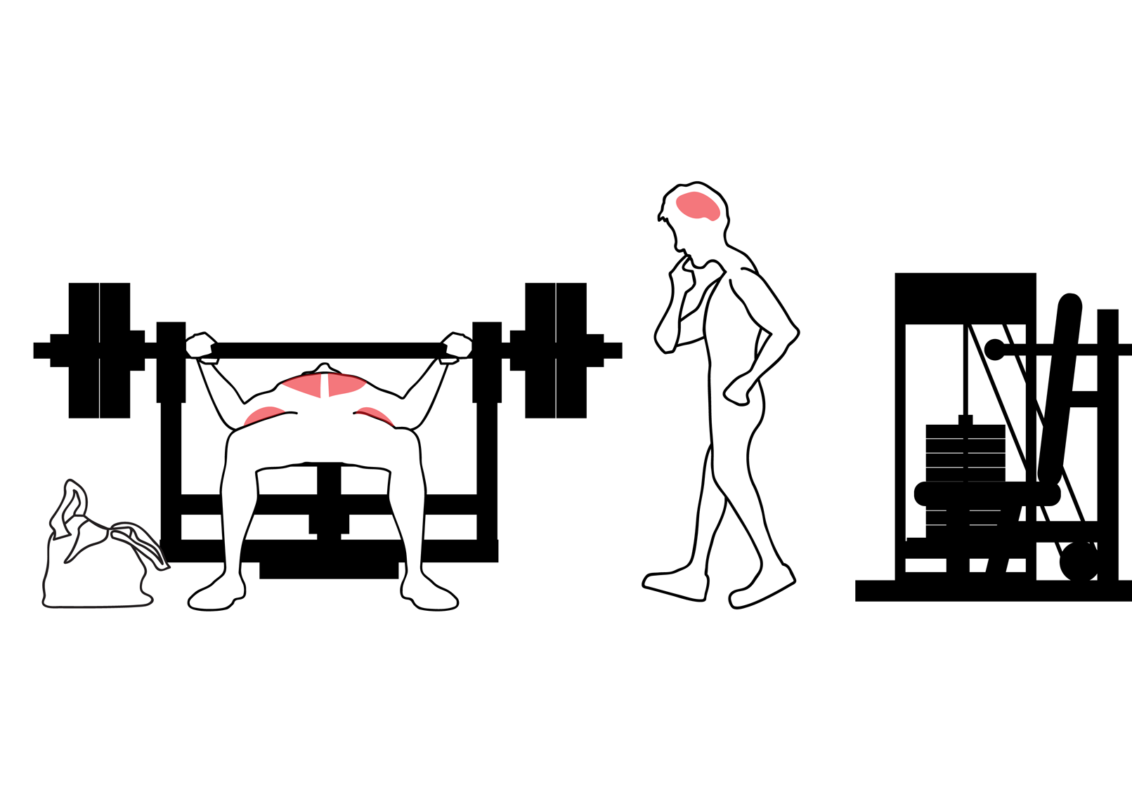 The seated shoulder press man is now strolling towards the other man on the bench, deep in thought as he holds his chin