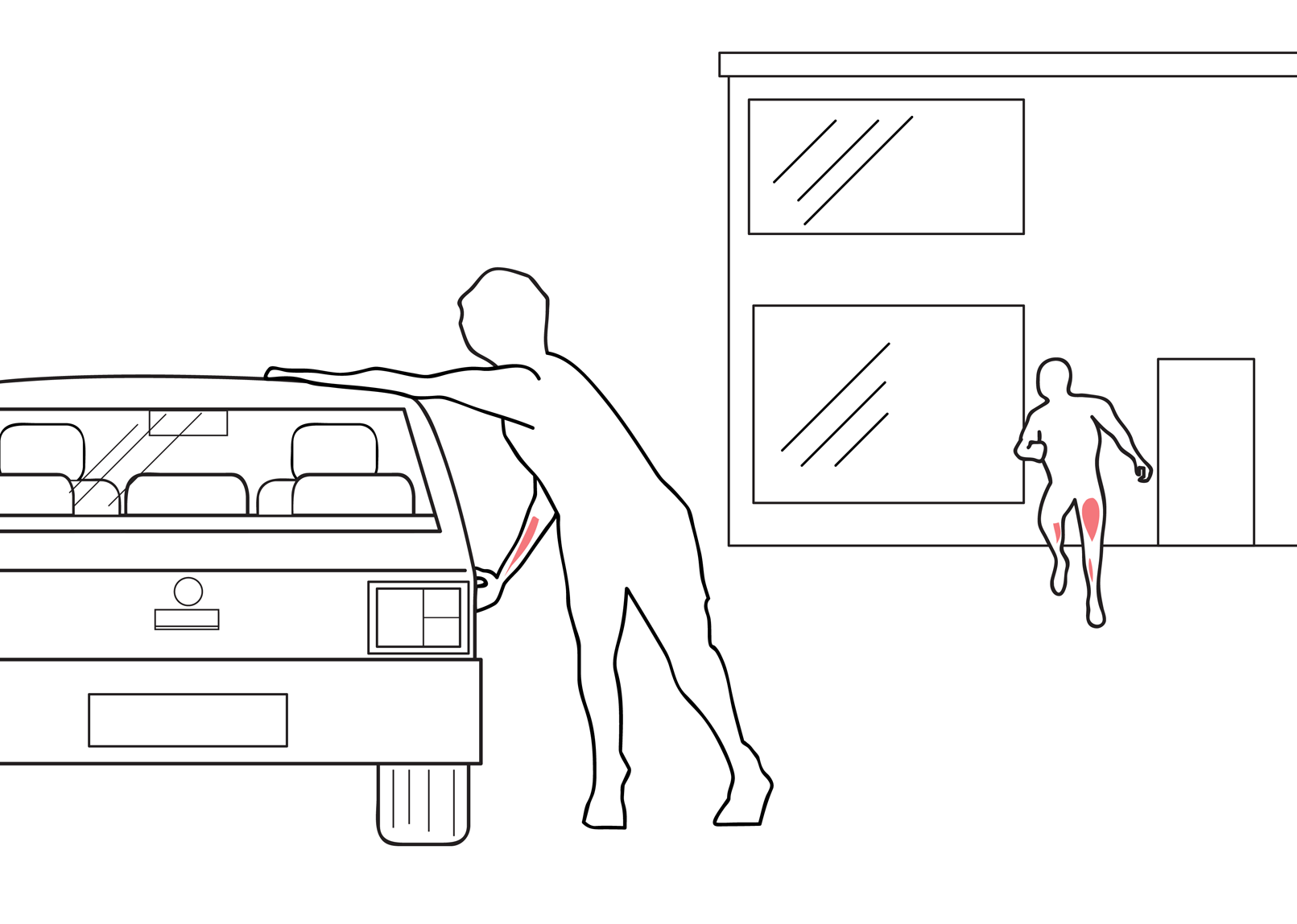 The seated shoulder press man is now outside the gym and is getting into the other man's car as he runs towards him
