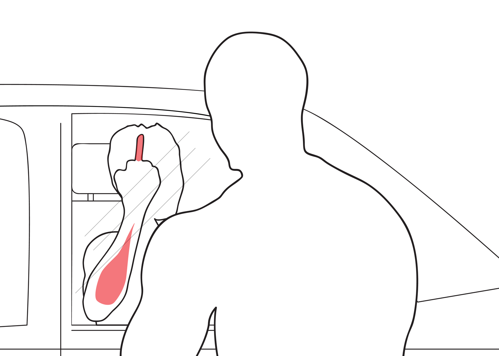 The seated shoulder press man is sat in the other man's car with the door locked behind him