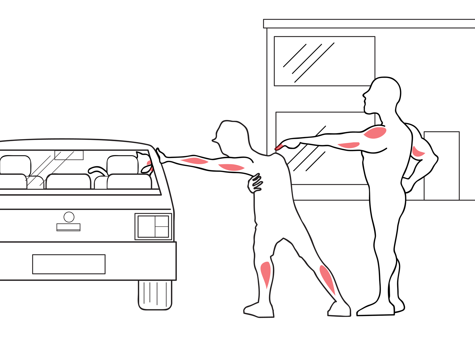 The seated shoulder press man has exited the car and leans against the vehicle, with his hand on his heart in a state of sheer relief