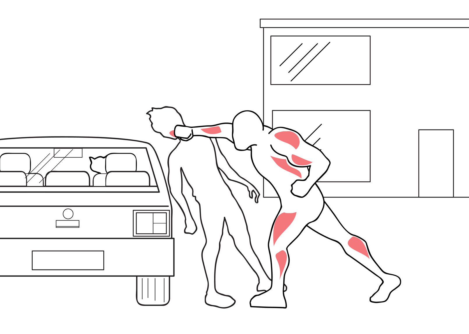 The car owner strikes the would be car thief square on the chin with a right hook